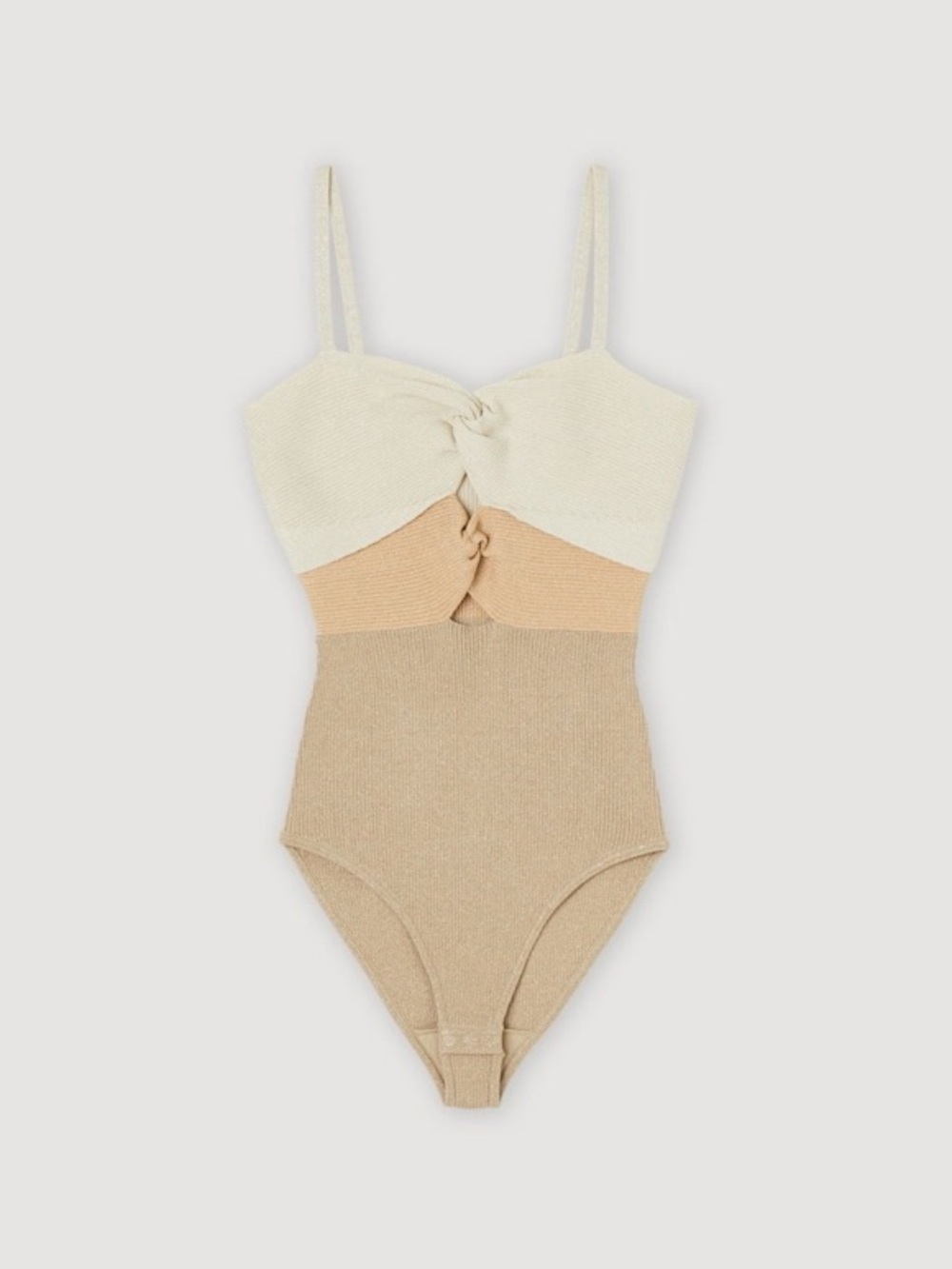 Sandro Colorblock Knitted Bodysuit in Ivory, Beige, Tan